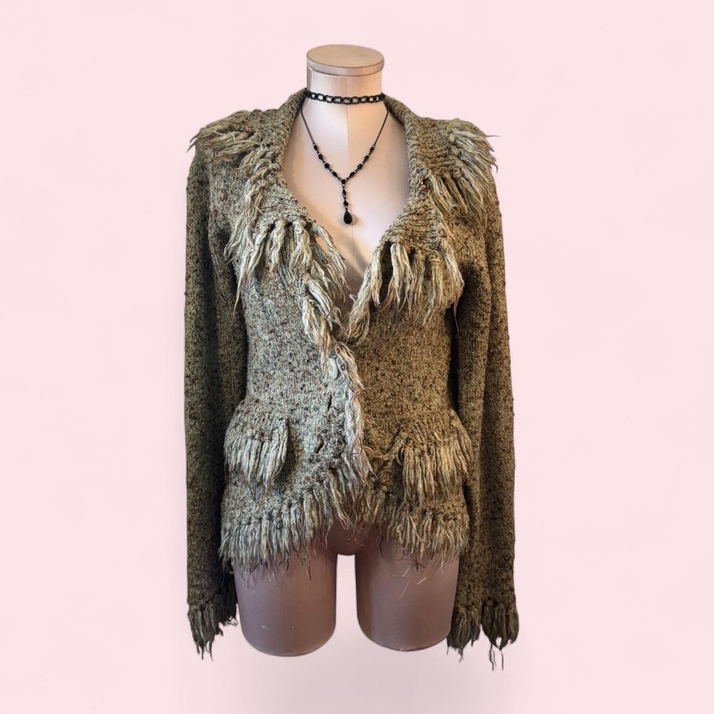 Vintage Jana Shaggy Fringe Cardigan Brown Tan Boho Y2K Fairycore Sweater Small
